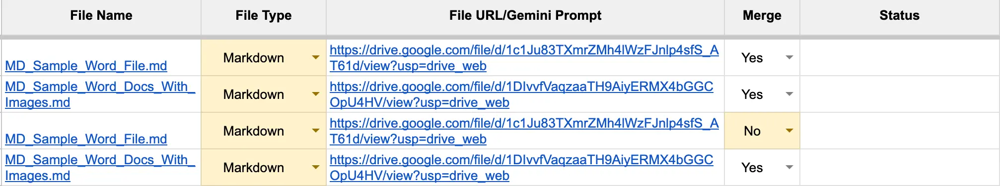 Example of Markdown files added to the input sheet