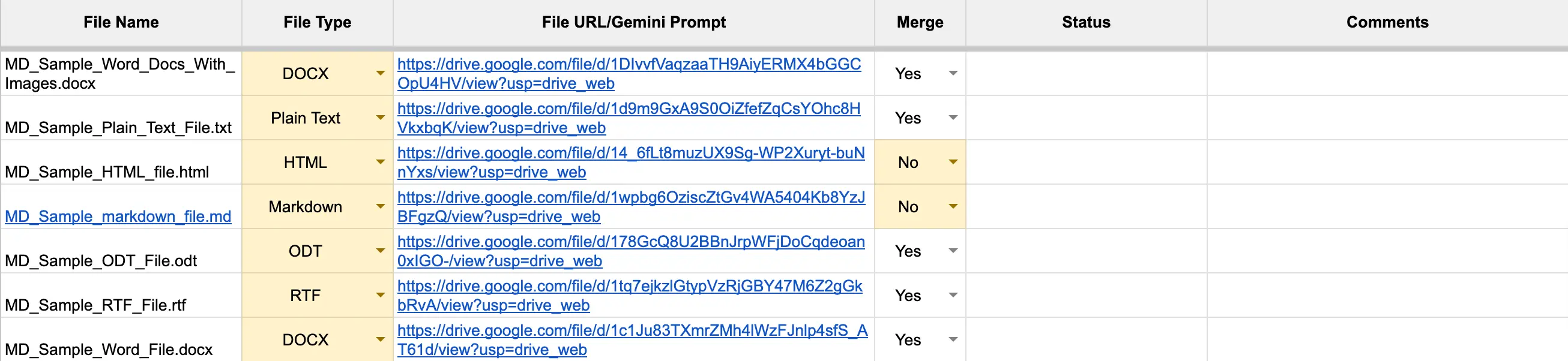 Merge Multiple Google Docs into One - Input sheet