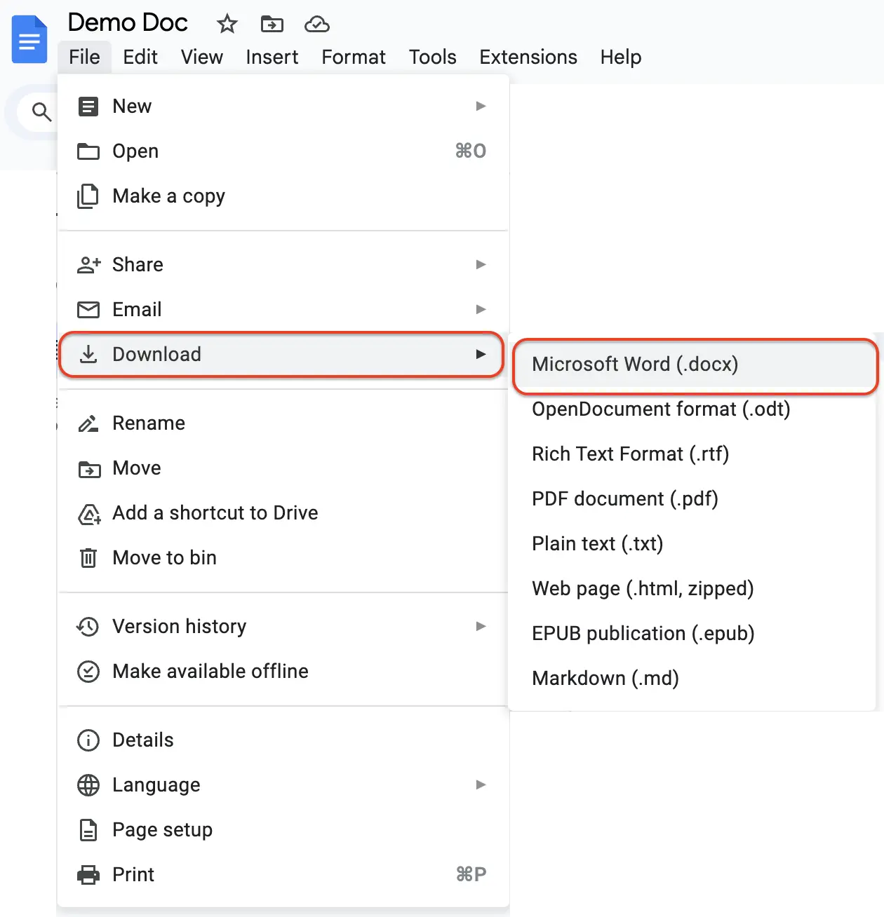 Exporting Single Google Docs as Word