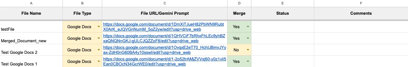 Combining Multiple Google Docs into One PDF - Input sheet