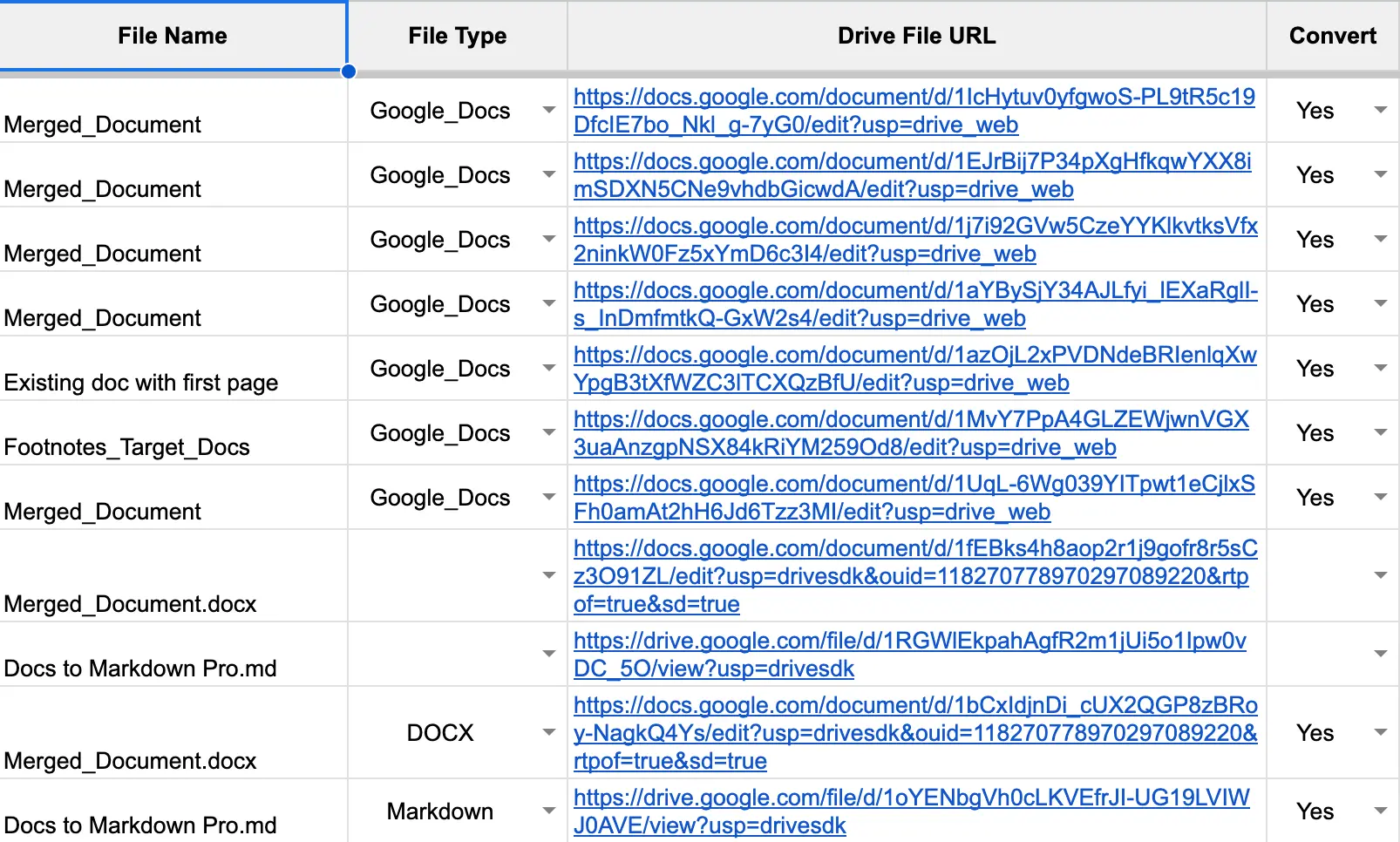 Input Sheet to Convert Google Docs to Word